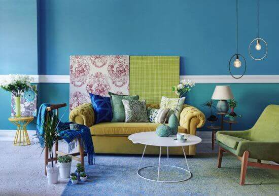 Woonkamer in blauw en groen